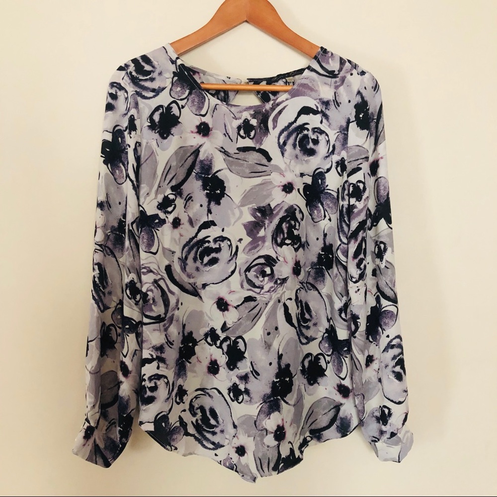 Lavender Floral Blouse with Keyhole Draped Back